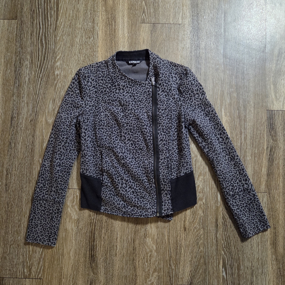 Express Black and Gray Animal Print Bomber Jacket Size Medium
